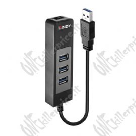 HUB MINI LINDY USB 3.0 3 PORTE + GIGABIT ETHERNET - 43176